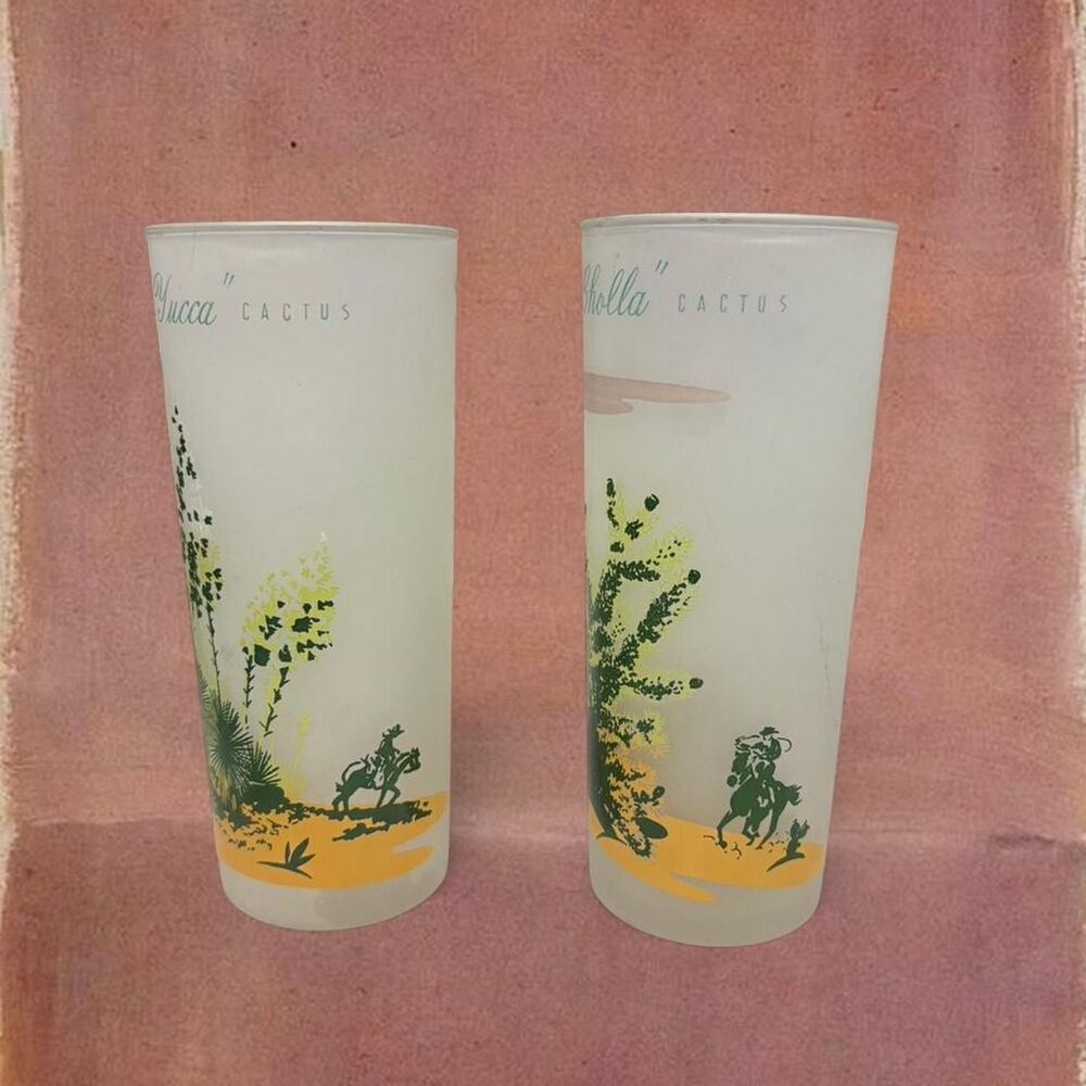 Vintage “Western” Cowboy Collectible Yucca Cholla Cactus Frosted Glass Tumblers - Picture 3 of 7